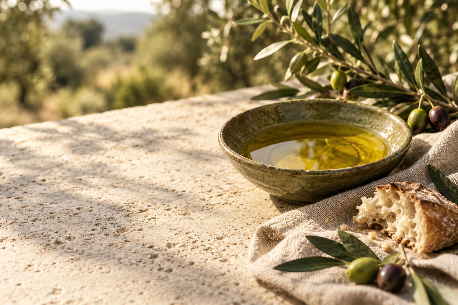 Golden olive oil in a ceramic bowl with bread and olive branches on a sunlit table